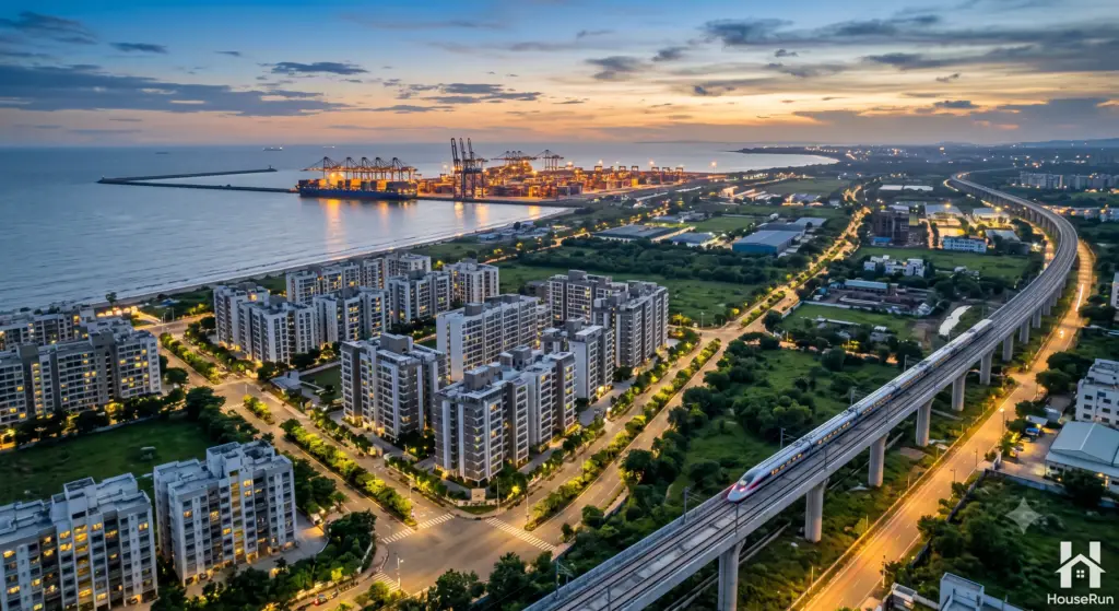 A panoramic aerial photograph taken at dusk shows dynamic urban growth along a coast, illustrating the strategic location to invest in Palghar. The scene prominently features a dense industrial container port on the left coastline, juxtaposed against vast blocks of modern, illuminated residential tower complexes in the foreground and a developing high-rise commercial center. On the right, high-speed rail and metro trains operate on integrated elevated viaducts, representing rapid transit connecting this MMR vector to mainland Mumbai, a key appreciation driver.